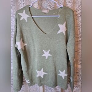 Altard State Green Cropped Sweater, V Neck, Stars, Womens Small